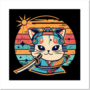 Kawaii Cat Samurai Colorful Retro Design Posters and Art